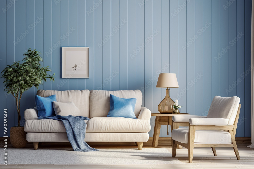 Modern living room with beige, white and blue colors. Minimalistic cozy design with sofa Modern living room with beige, white and blue colors. Minimalistic cozy design with sofa