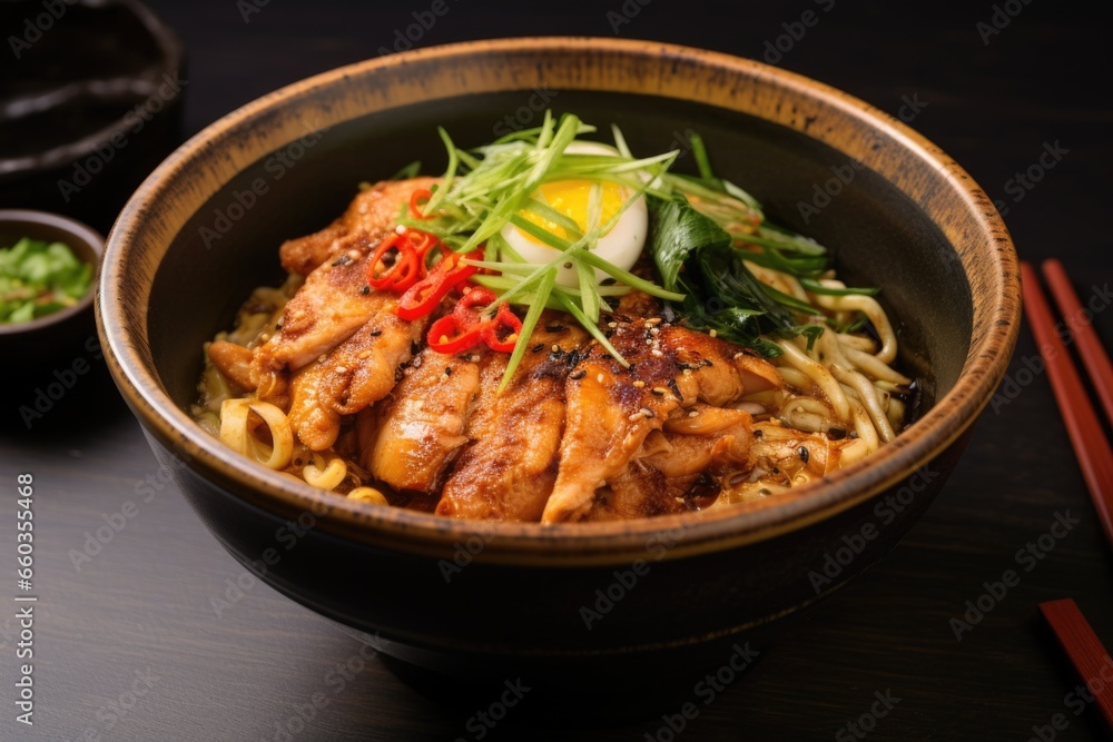 Fototapeta premium spicy chicken ramen in a glazed ceramic bowl