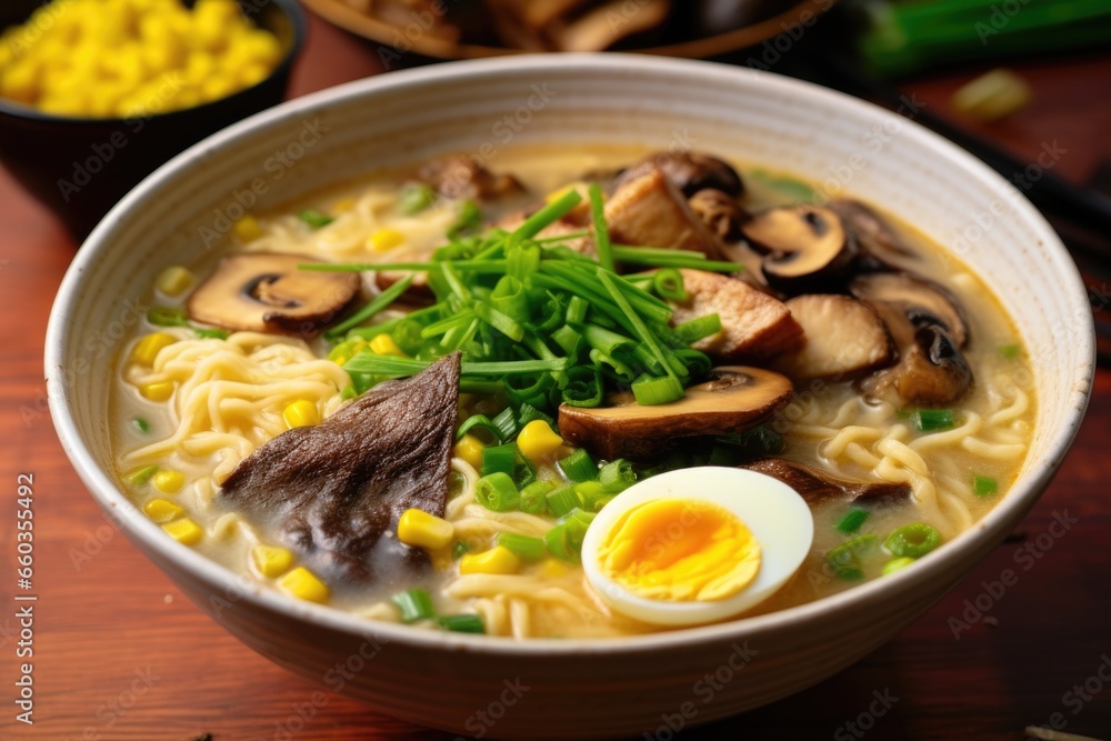 miso ramen with corn, scallions, and mushroom slices miso ramen with corn, scallions, and mushroom slices