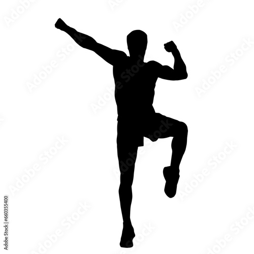 Silhouette of a sporty male in action pose at the gym. Silhouette of a slim man in aerobics workout pose.