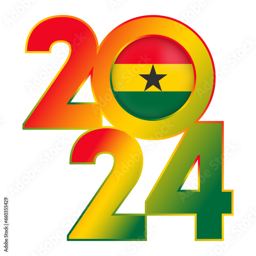 Happy New Year 2024 banner with Ghana flag inside. Vector illustration.