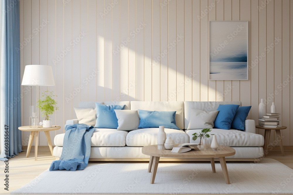 Modern living room with beige, white and blue colors. Minimalistic cozy design with sofa Modern living room with beige, white and blue colors. Minimalistic cozy design with sofa