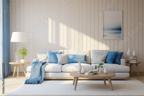 Modern living room with beige, white and blue colors. Minimalistic cozy design with sofa