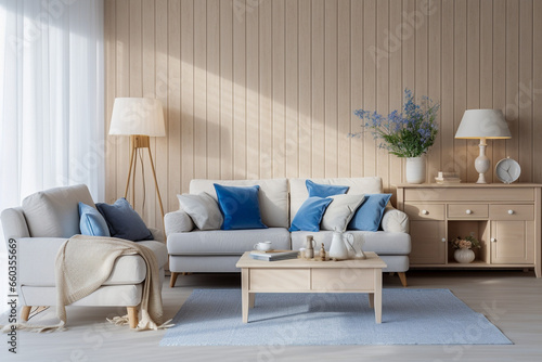 Modern living room with beige  white and blue colors. Minimalistic cozy design with sofa