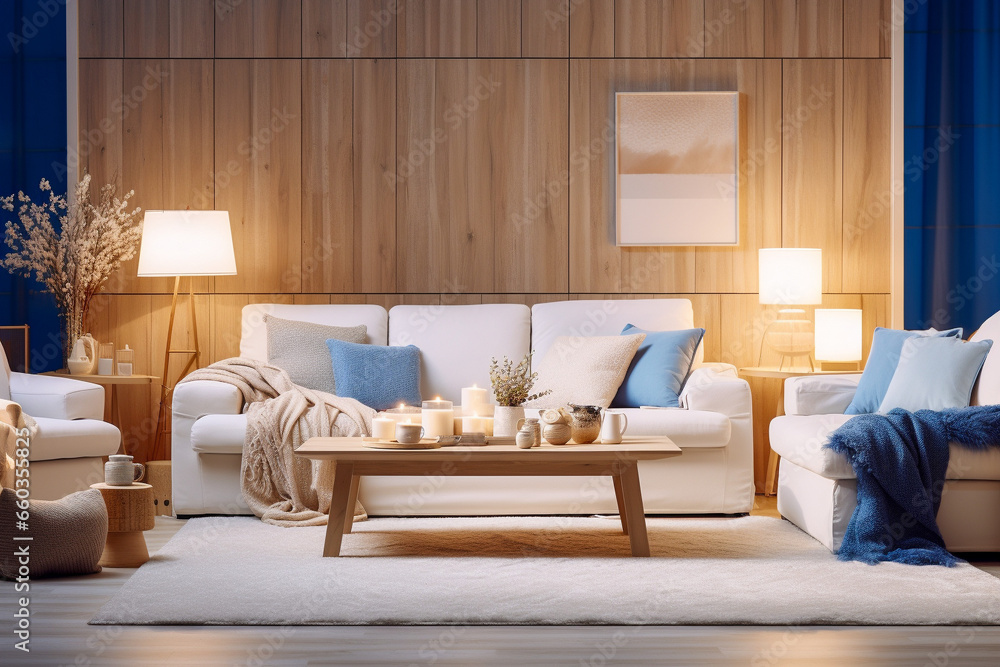 Modern living room with beige, white and blue colors. Minimalistic cozy design with sofa Modern living room with beige, white and blue colors. Minimalistic cozy design with sofa