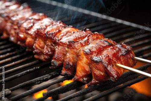 bbq ribs on a bamboo skewer over a grill