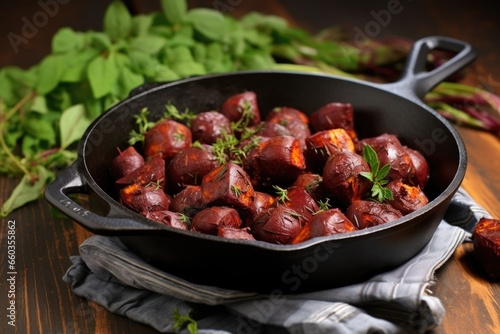 roasted beets in a rustic cast-iron pan on a kitchen table