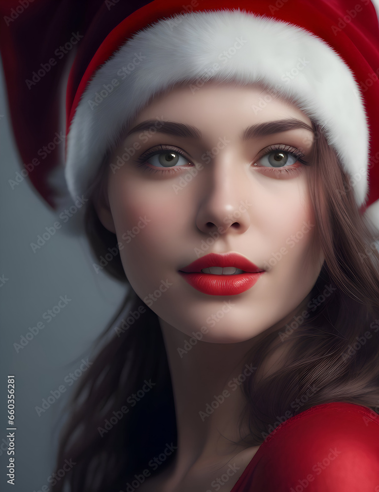 Portrait of beautiful young woman in Santa Claus hat. Christmas.generated with ai Portrait of beautiful young woman in Santa Claus hat. Christmas.generated with ai