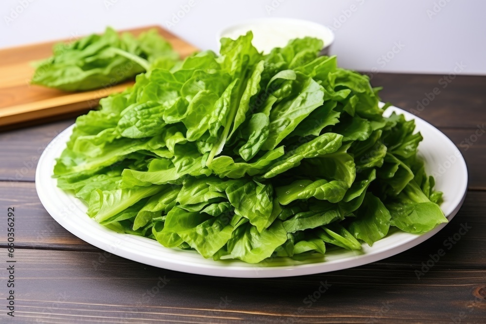 green lettuce leaves on a white plate ready for assembly green lettuce leaves on a white plate ready for assembly