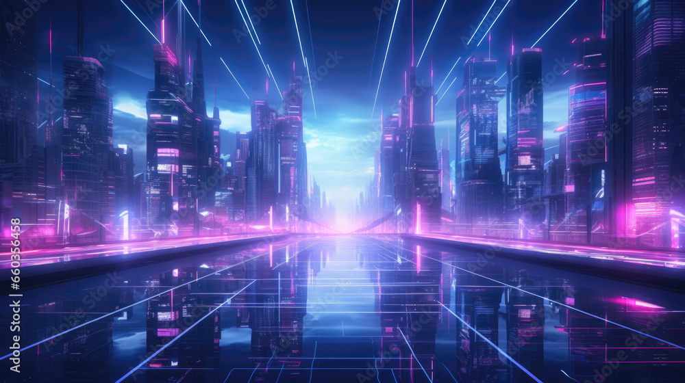 Synthwave Cybernetic City: Neon Pink & Blue AI Representation, Futuristic Architecture with Detailed Lighting & Reflections
