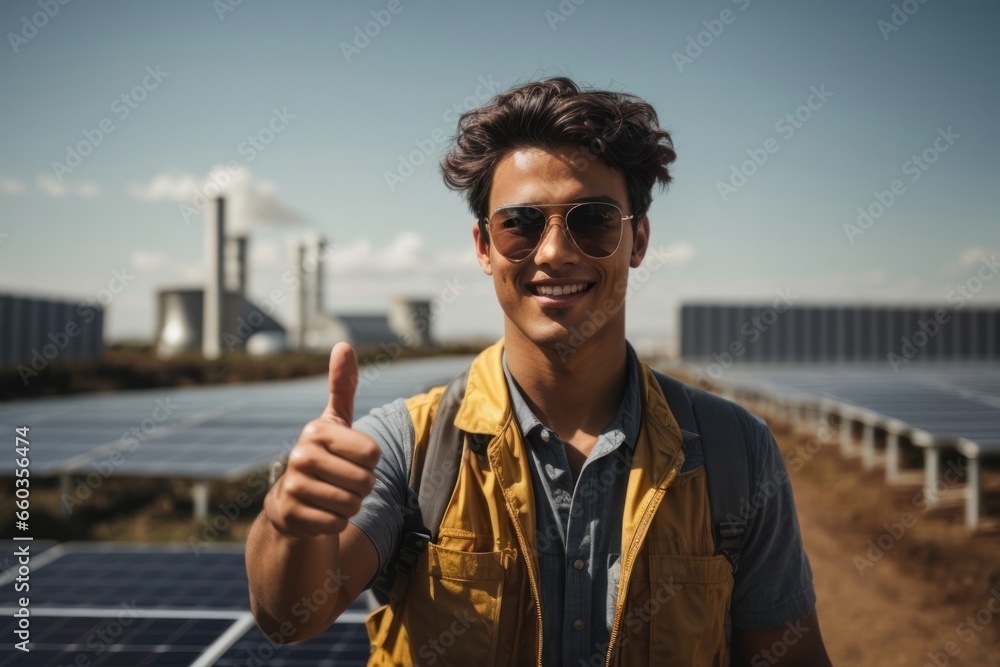 a young male Engineering showing trump up and smiling on solar panels side work.AI generated - obrazy, fototapety, plakaty 