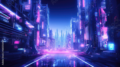 Synthwave Cybernetic City: Neon Pink & Blue AI Representation, Futuristic Architecture with Detailed Lighting & Reflections