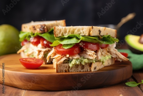 chicken and avocado sandwich on a wooden board