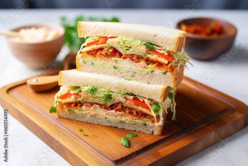 vegan sandwich layered with coleslaw on bamboo tray