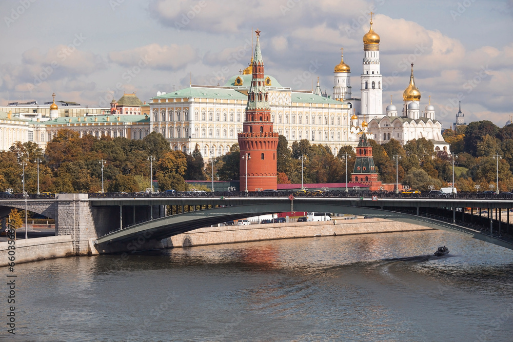 MOSCOW, RUSSIA - SEPTEMBER 26, 2023: View of Moscow on an autumn day. The capital of Russia. The Grand Kremlin Palace. Kremlin embankment. The Moscow River. A popular tourist attraction. MOSCOW, RUSSIA - SEPTEMBER 26, 2023: View of Moscow on an autumn day. The capital of Russia. The Grand Kremlin Palace. Kremlin embankment. The Moscow River. A popular tourist attraction.