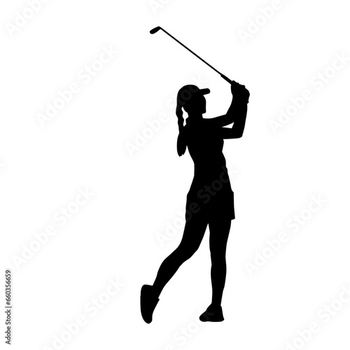 Silhouette of a woman playing golf. Silhouette of a female golfer in action pose.