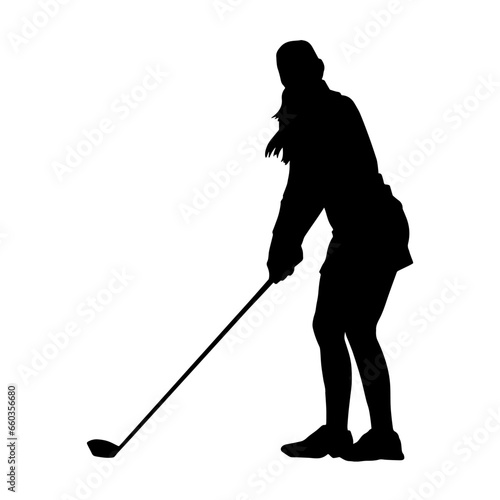 Silhouette of a woman playing golf. Silhouette of a female golfer in action pose.
