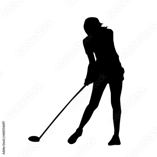 Silhouette of a woman playing golf. Silhouette of a female golfer in action pose.