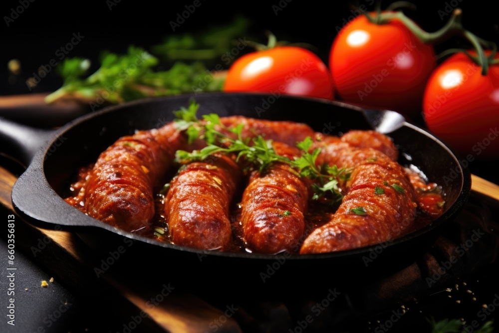 sizzling sausage links next to halved tomatoes sizzling sausage links next to halved tomatoes