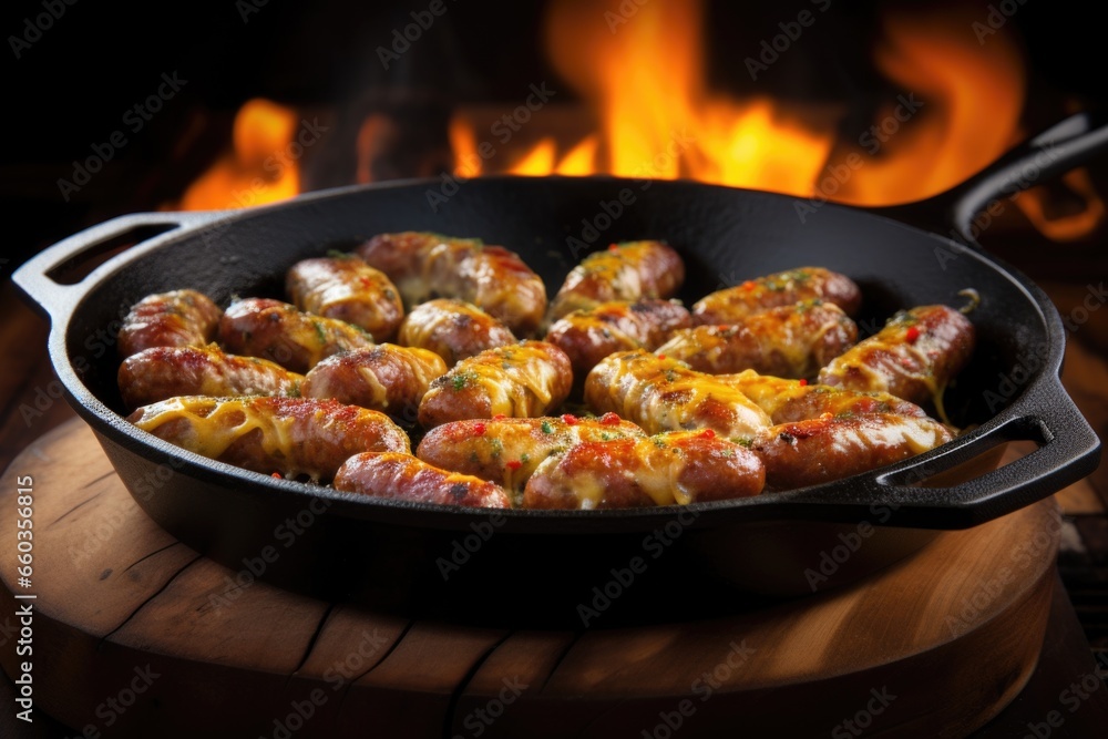morning breakfast sausages sizzling on a large skillet morning breakfast sausages sizzling on a large skillet