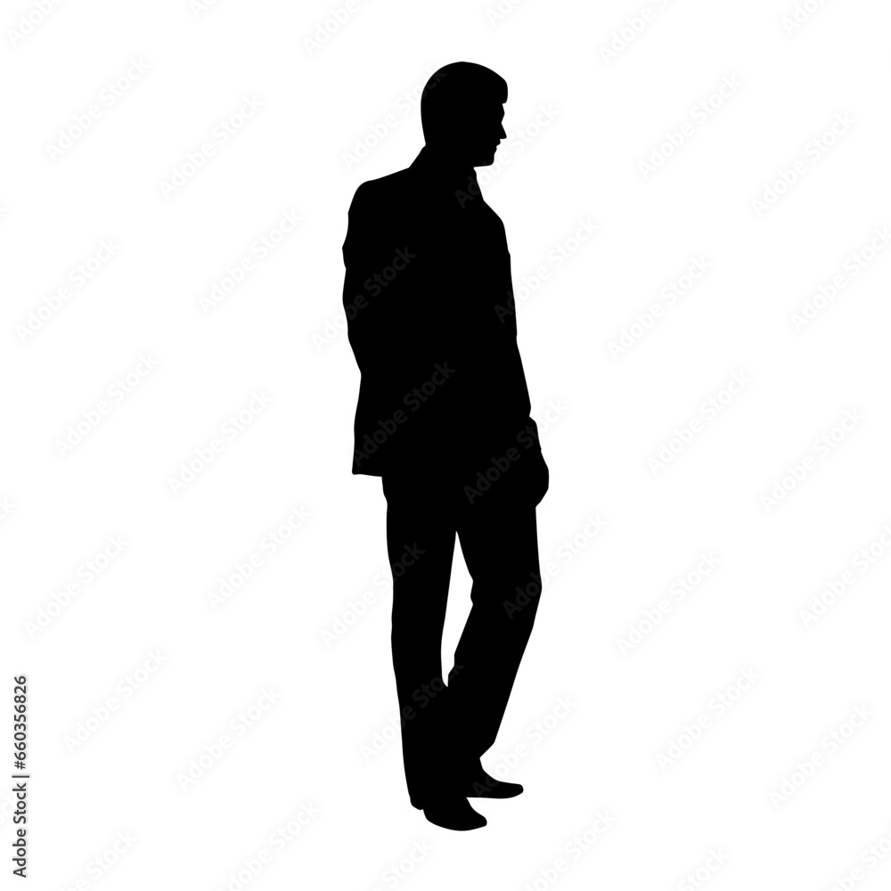 Silhouette of a man in business suit standing pose. Silhouette of an office worker guy standing.