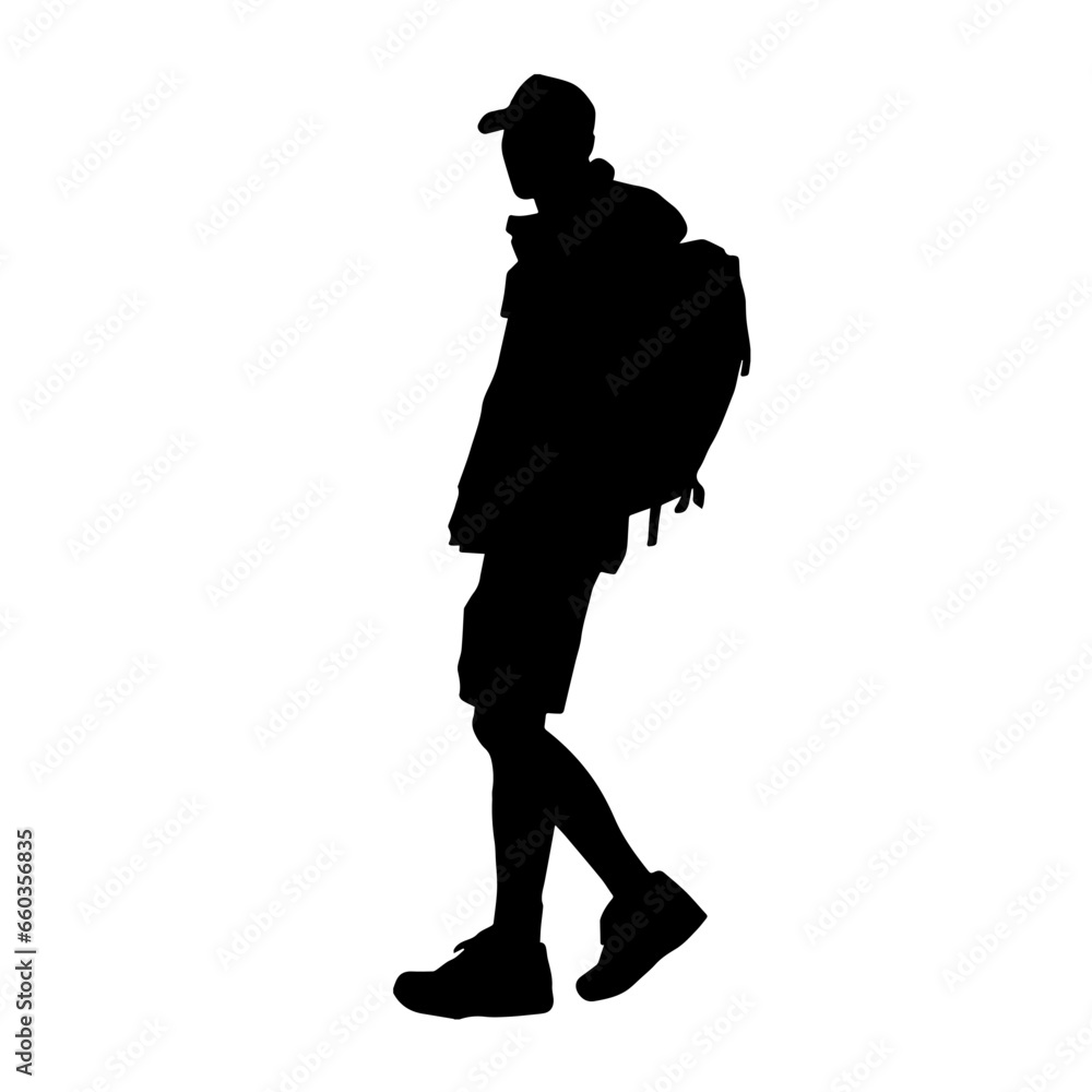 Silhouette of a casual man carrying backpack. Silhouette of a traveller male with backpack.