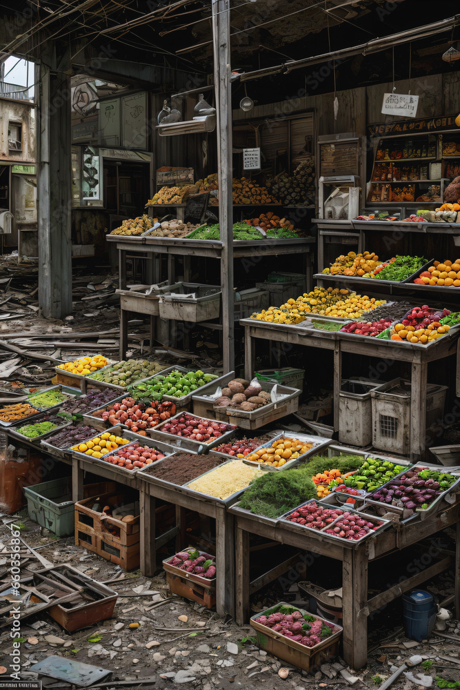 Obraz premium Abandoned Market View with Many Fruits Rot