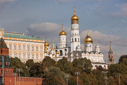 MOSCOW, RUSSIA - SEPTEMBER 26, 2023: View of Moscow on an autumn day. Kremlin towers. The Grand Kremlin Palace, the Bell Tower of Ivan the Great and the Assumption Cathedral. 