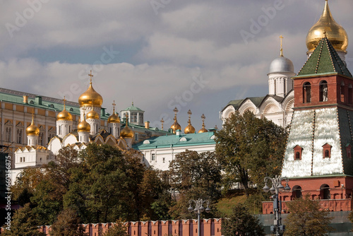 MOSCOW, RUSSIA - SEPTEMBER 26, 2023: View of Moscow on an autumn day. Kremlin towers. The Grand Kremlin Palace, Assumption and Annunciation Cathedral. A popular tourist attraction.