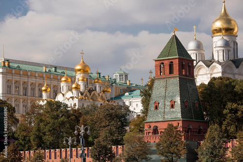 MOSCOW, RUSSIA - SEPTEMBER 26, 2023: View of Moscow on an autumn day. Kremlin towers. The Grand Kremlin Palace, Assumption and Annunciation Cathedral. A popular tourist attraction.