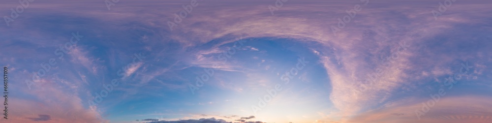 Bright sunset sky panorama with glowing red pink Cirrus clouds. HDR 360 seamless spherical panorama. Sky dome or zenith in 3D, sky replacement for aerial drone panoramas. Climate and weather change. Bright sunset sky panorama with glowing red pink Cirrus clouds. HDR 360 seamless spherical panorama. Sky dome or zenith in 3D, sky replacement for aerial drone panoramas. Climate and weather change.