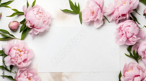 Fragrant peonies and blank card on white background © UsamaR