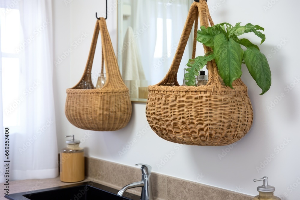 Fototapeta premium hanging wicker baskets under the bathroom sink