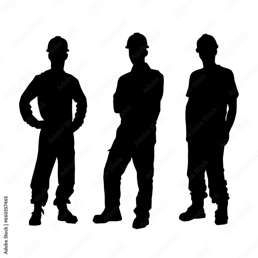 Silhouette of man in construction worker costume. Silhouette of construction worker male in pose. 