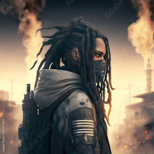 black male cyborg with long black dreadlocks Full hair face made of smoke standing in a burning cyberpunk city landscape shot post apocalypse hyper realistic 3d 8k 