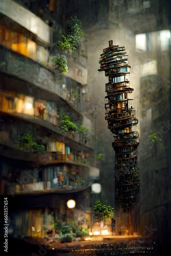 people surviving in an underground world thriving society underground city future extremely detailed landscapes figures of people and crafts a beautiful metal spiral staircase around the tall stalk 