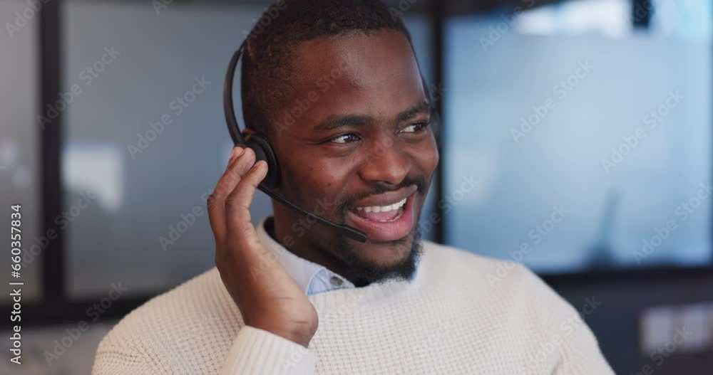 Call center, smile and business man in office consulting for crm, contact us or customer support. Telemarketing, service and African guy lead generation consultant online for loan advice, help or faq