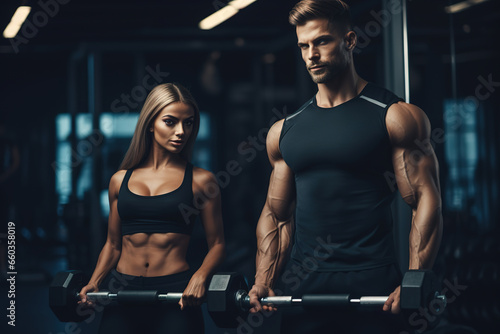 Attractive sexy couple in matching sportswear working out with dumbbells at gym.