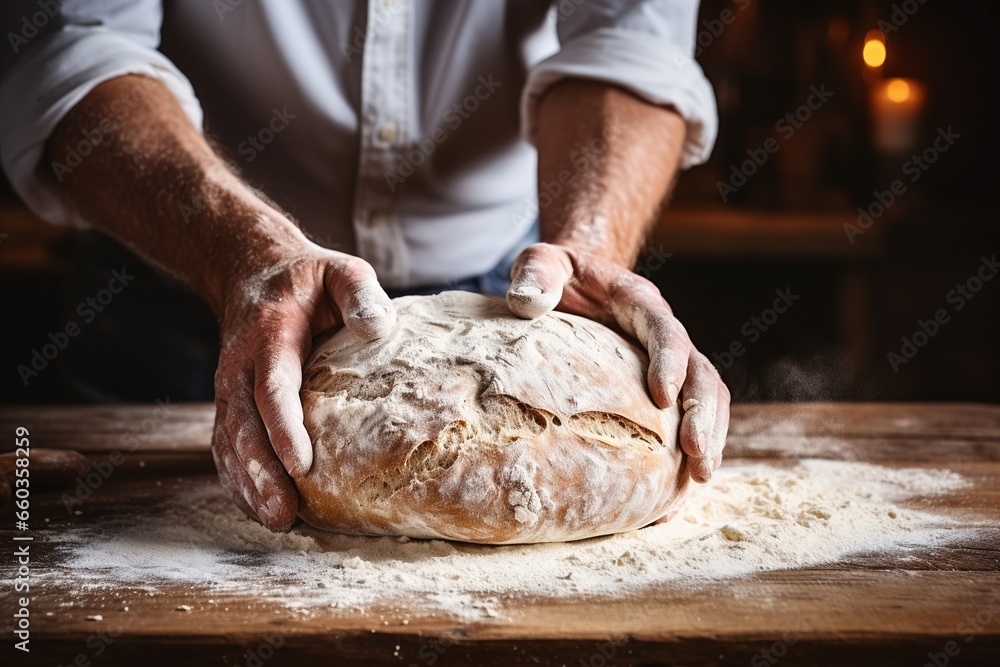 Men's hands in flour on homemade rustic organic bread. Homemade baking.