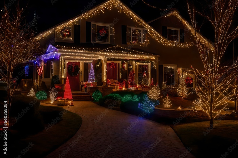 christmas home at night with lighting