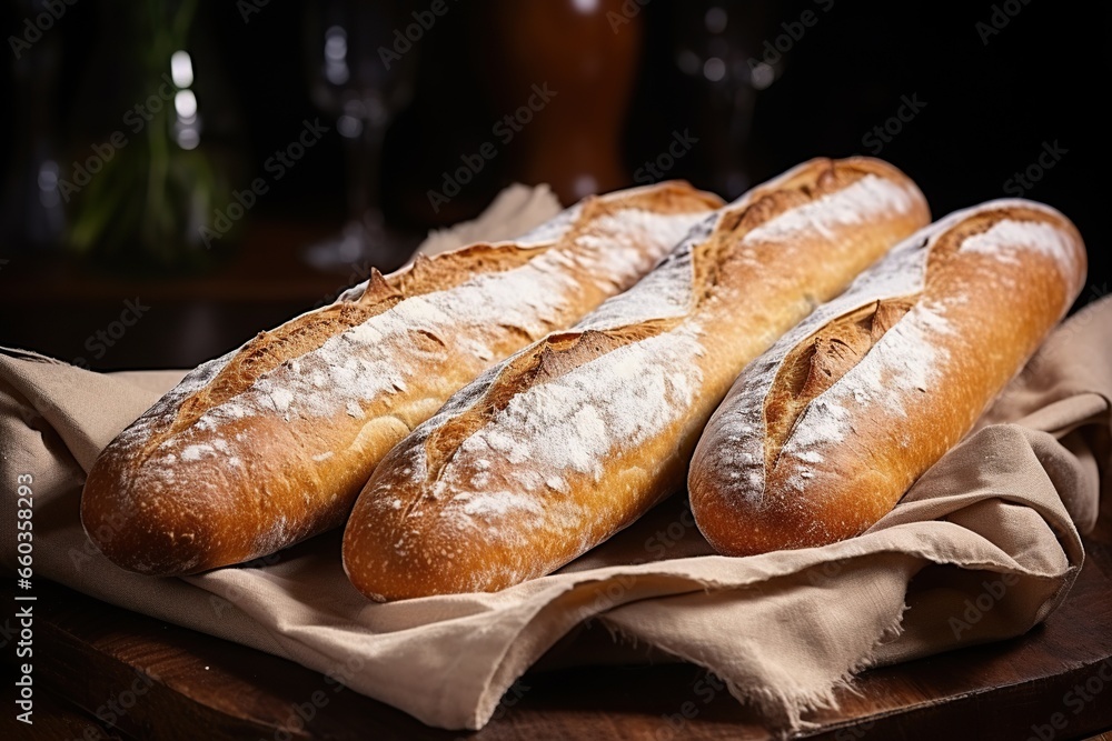 Freshly baked homemade French baguette on burlap Freshly baked homemade French baguette on burlap