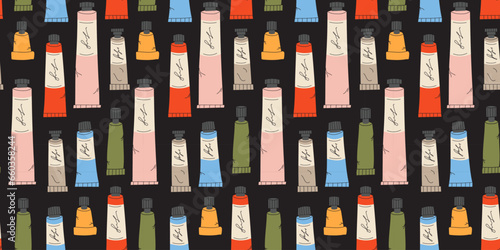 Seamless pattern with Paint tubes on black background, oil paint, acrylic, gouache or watercolor, cartoon style. Trendy modern vector illustration, hand drawn, flat