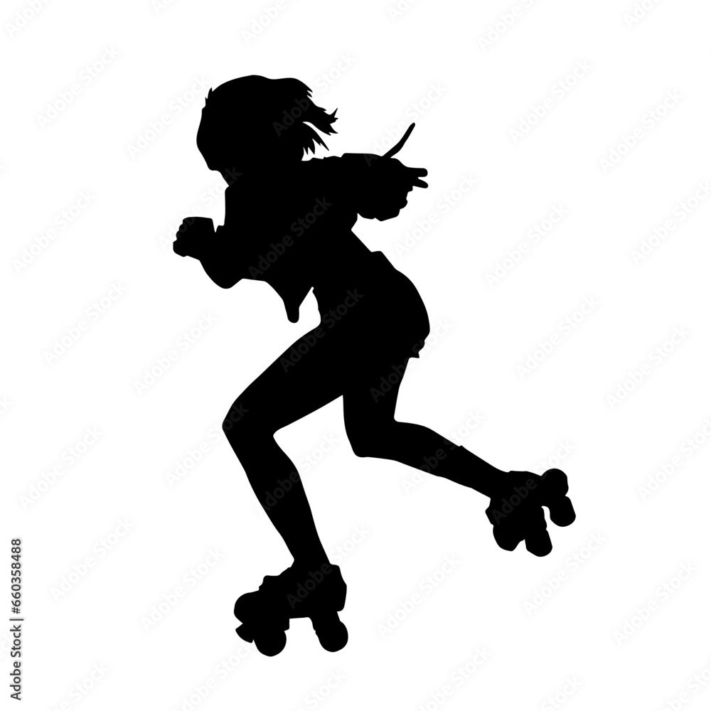 Silhouette of young woman in pose on roller blade. Silhouette of a slim female in action pose on roller wheels. Silhouette of young woman in pose on roller blade. Silhouette of a slim female in action pose on roller wheels.