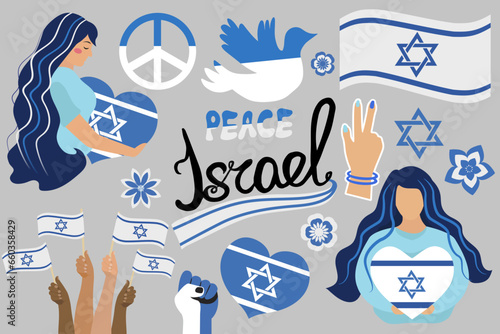 Israel icon set with flag, star of david. Pray for Israel collection flat style. Design for humanity, peace, donations, charity and anti-war. Vector illustration