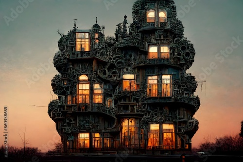 a schizophrenic building at dusk intricate details  © Erick