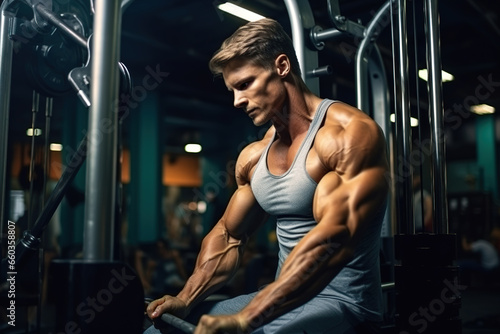 Young handsome man flexing arms on exercise machine at gym. Muscular guy working out at gym.
