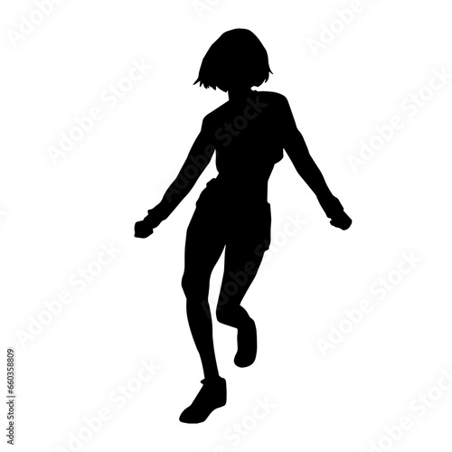 Silhouette of a woman in casual costume jumping or dancing pose.