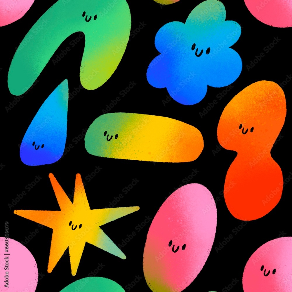 Various cute doodle shapes with smiley faces. Gradient texture. Abstract, quirky style. Hand drawn illustration. Square seamless Pattern. Background, wallpaper. Repeating design element for printing