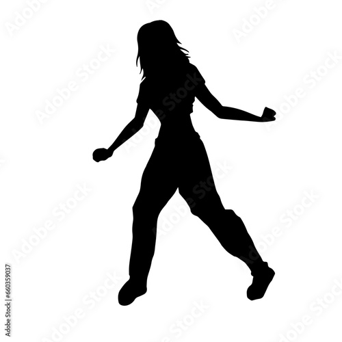 Silhouette of a woman in casual costume jumping or dancing pose.