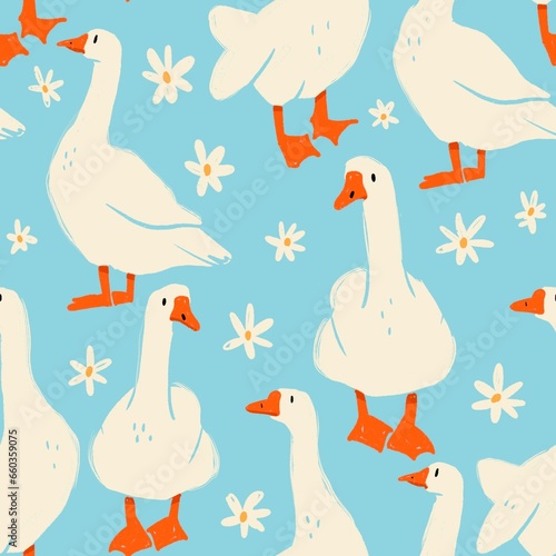 White geese or ducks and camomile flowers. Abstract, quirky, cartoon modern style. Hand drawn illustration. Square seamless Pattern. Background, wallpaper. Repeating design element for printing